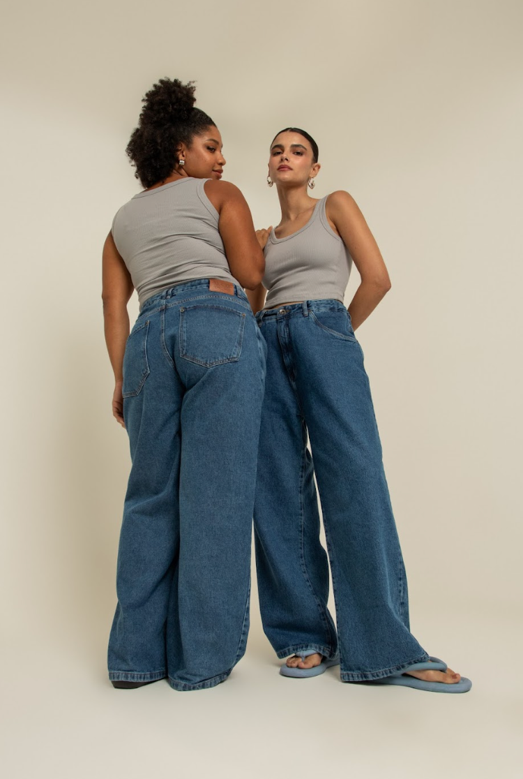 calça jeans ajustável wide denim blue