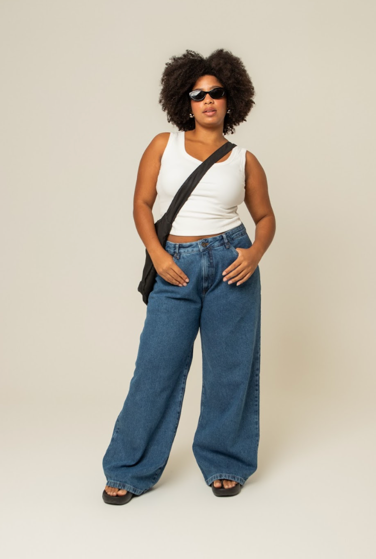 calça jeans ajustável wide denim blue