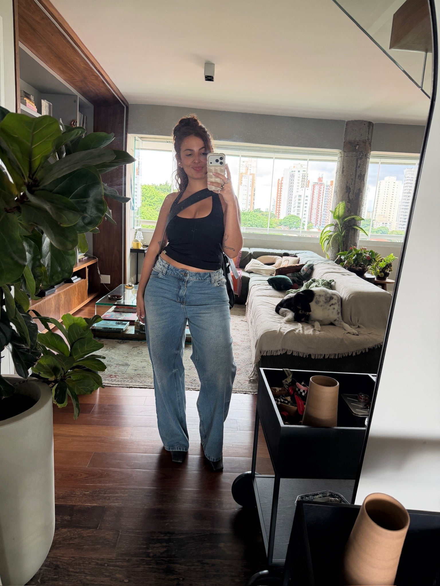 calça jeans ajustável wide acid wash