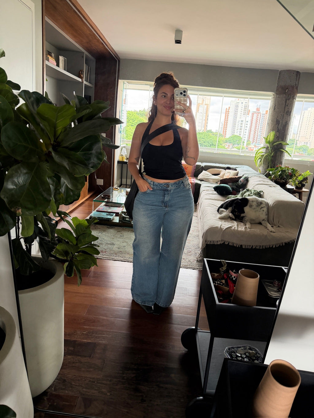 calça jeans ajustável wide acid wash