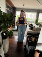 calça jeans ajustável wide acid wash