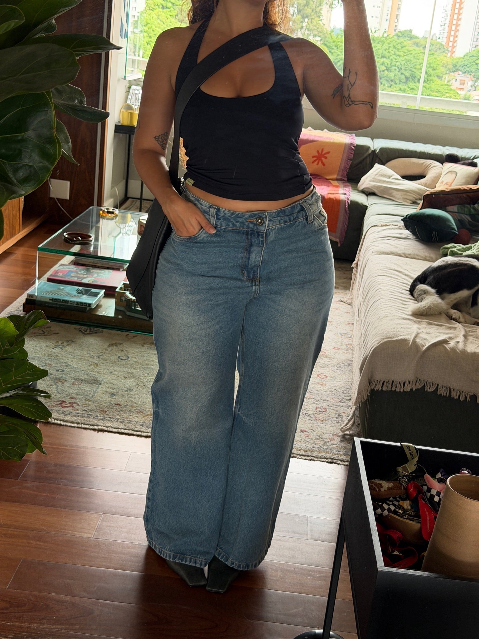 calça jeans ajustável wide acid wash