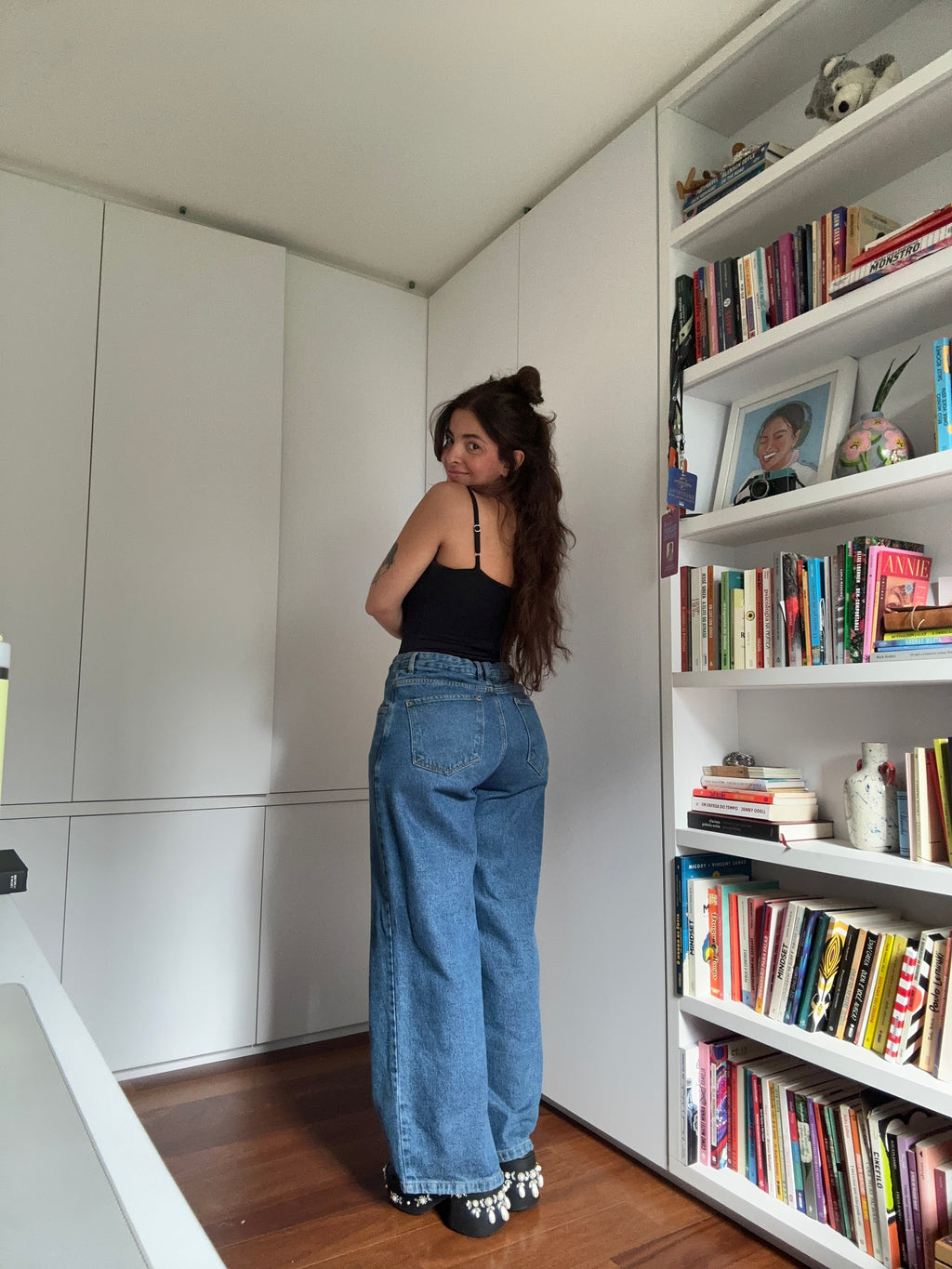 calça jeans ajustável wide denim blue