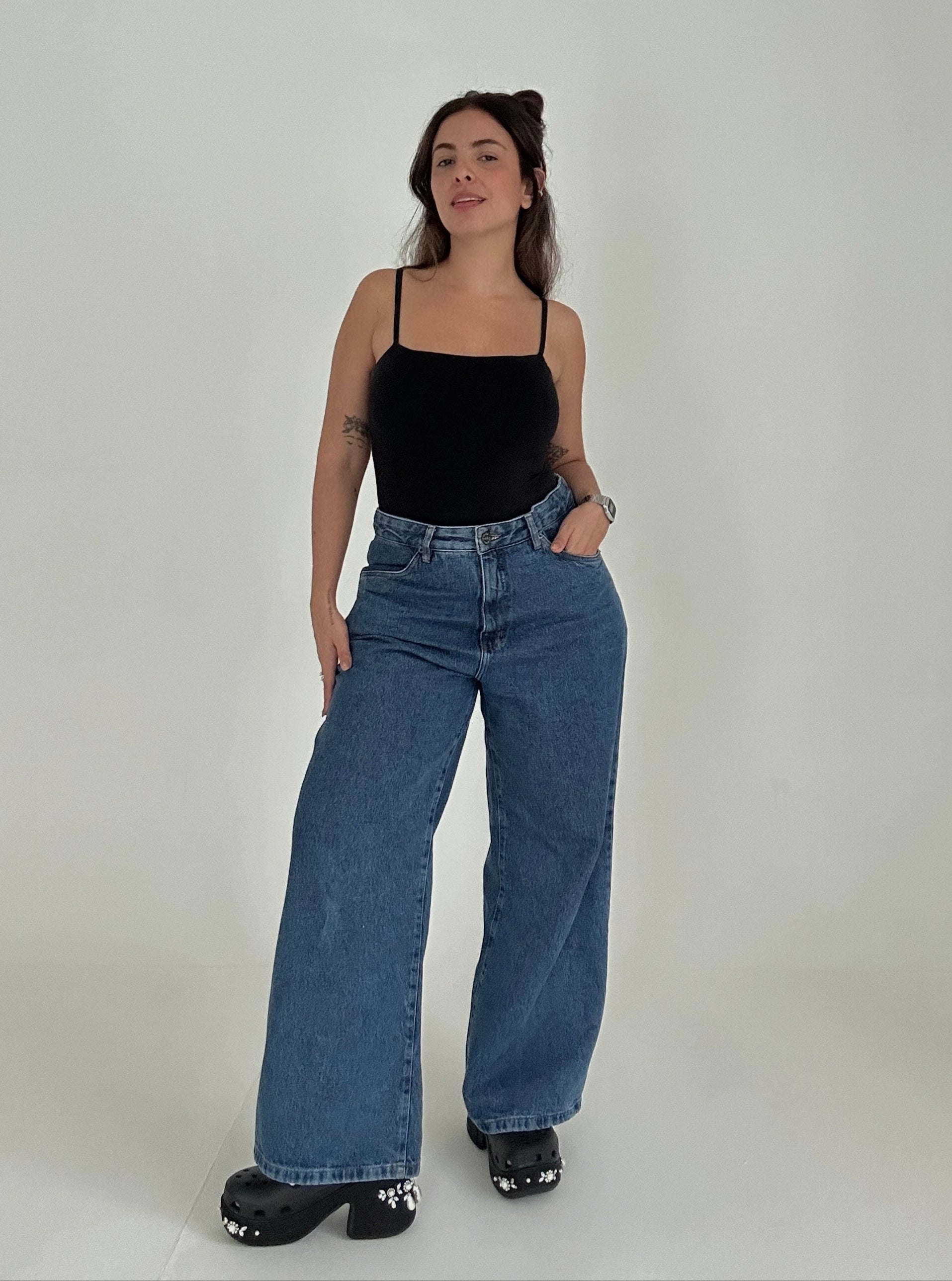 calça jeans ajustável wide denim blue