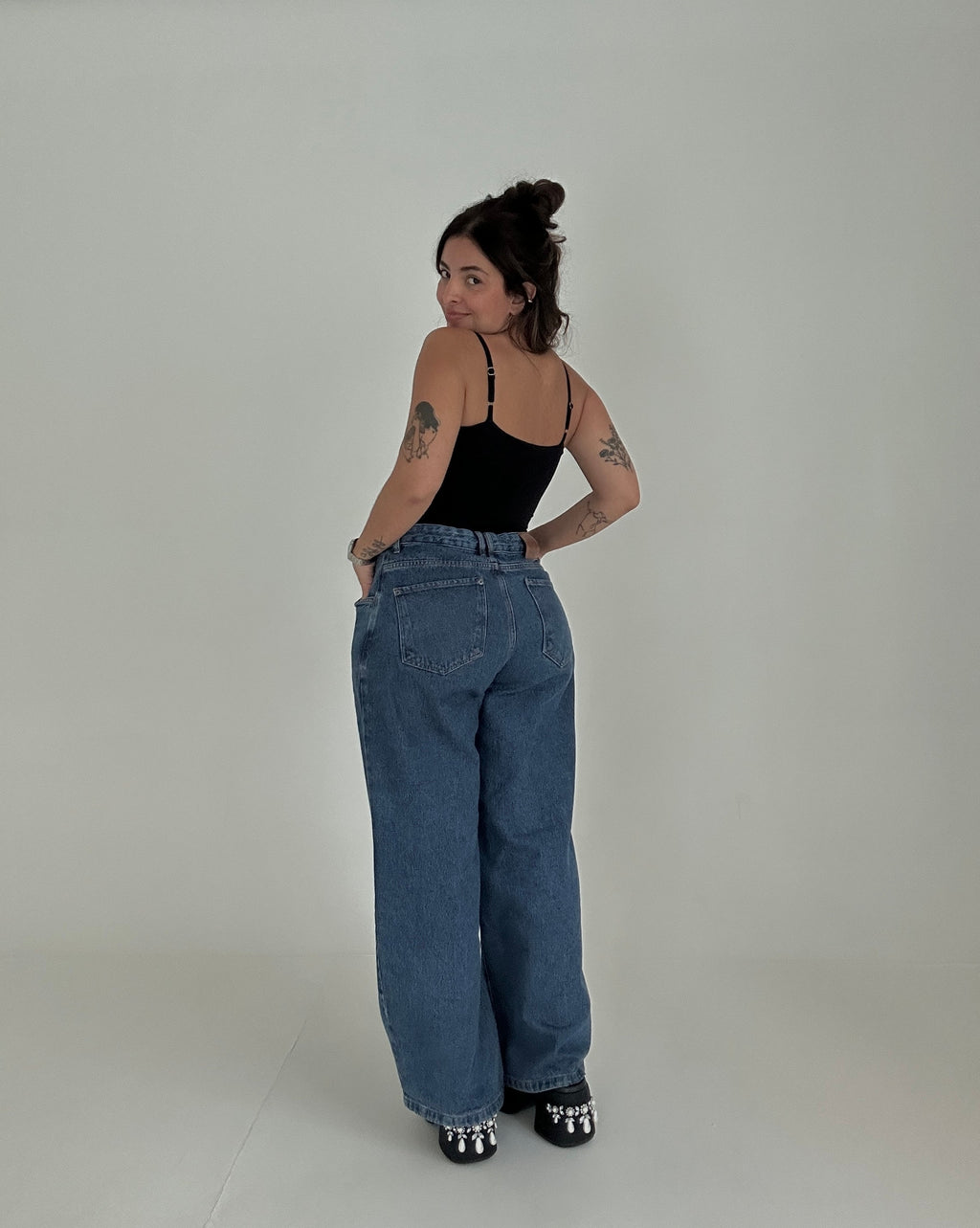 calça jeans ajustável wide denim blue