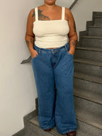 calça jeans ajustável wide denim blue