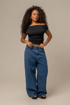 calça jeans ajustável wide denim blue