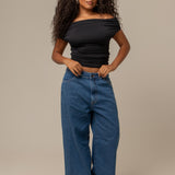 calça jeans ajustável wide denim blue