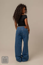 calça jeans ajustável wide denim blue