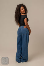 calça jeans ajustável wide denim blue