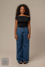 calça jeans ajustável wide denim blue