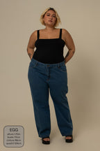 calça jeans ajustável mom denim blue