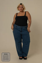 calça jeans ajustável mom denim blue