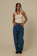 calça jeans ajustável mom denim blue