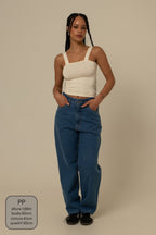 calça jeans ajustável mom denim blue