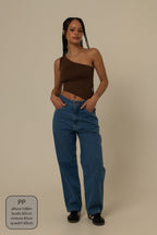 calça jeans ajustável mom denim blue