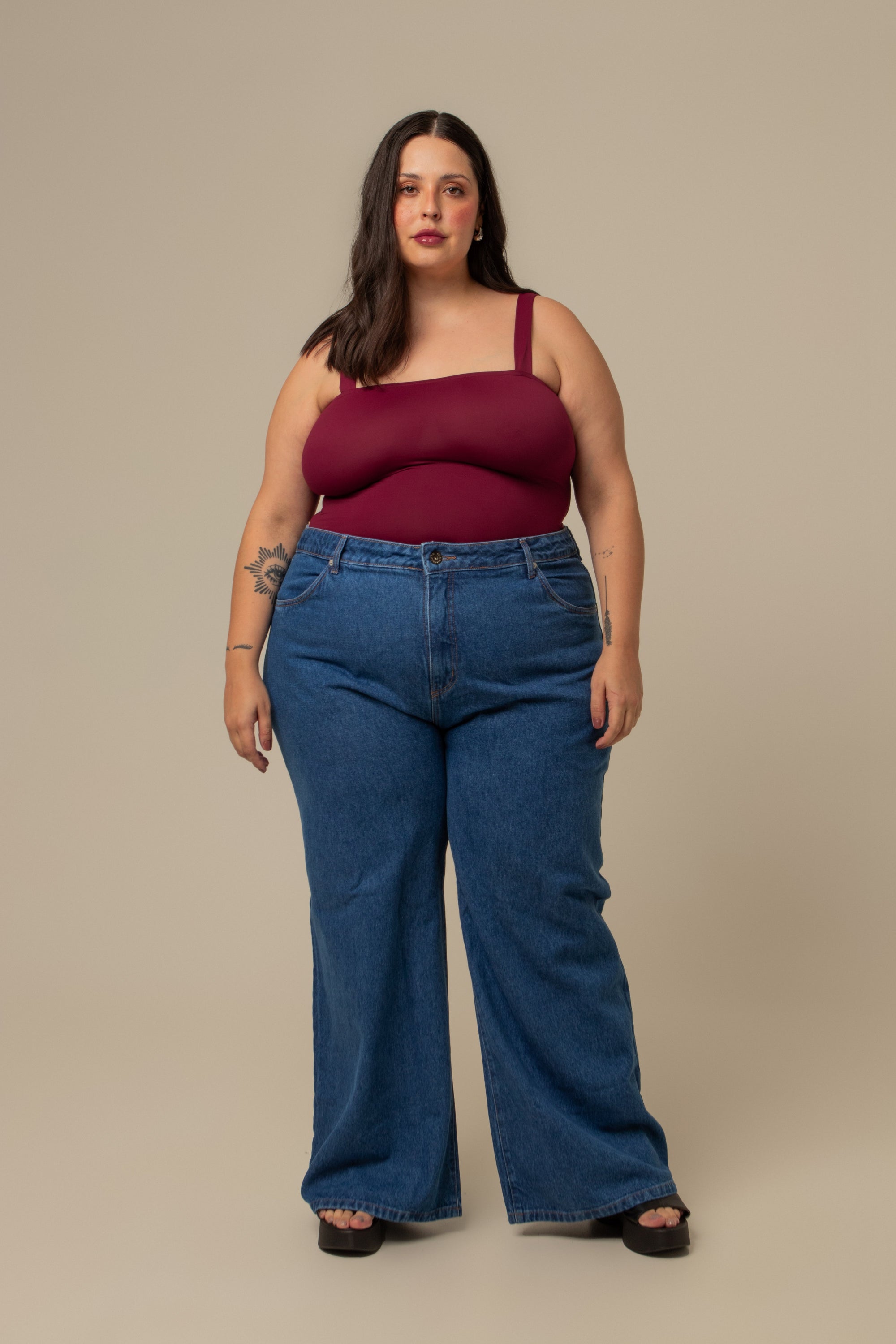 calça jeans ajustável wide denim blue