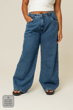 calça jeans ajustável wide denim blue