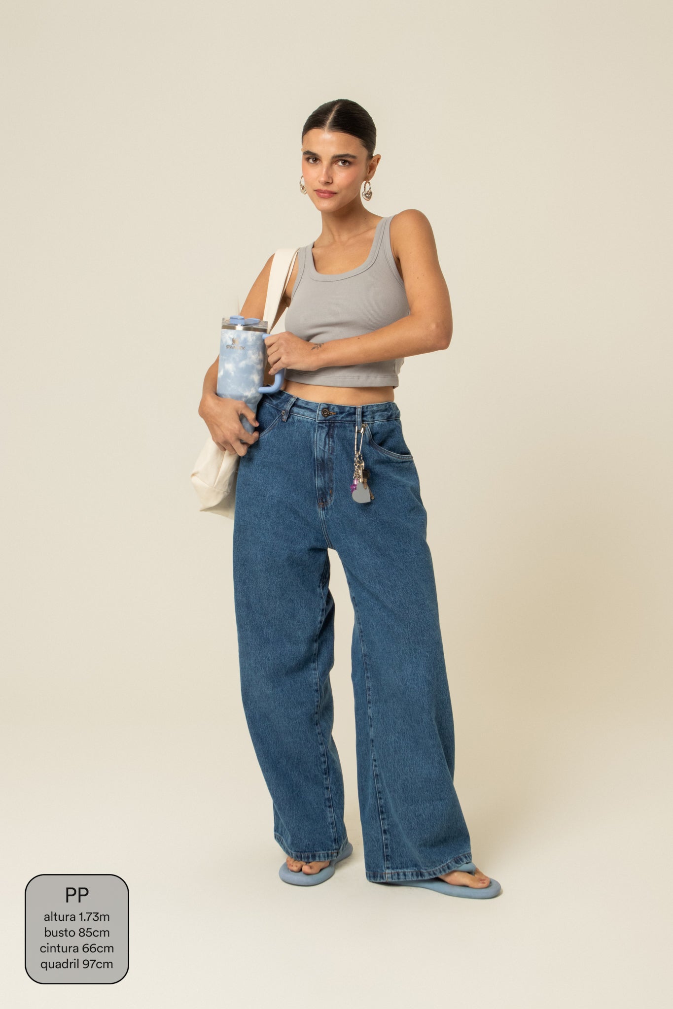 calça jeans ajustável wide denim blue