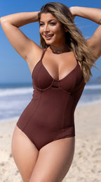 Maiô Modelador Meia Taça Strappy com Bojo Removível Marrom